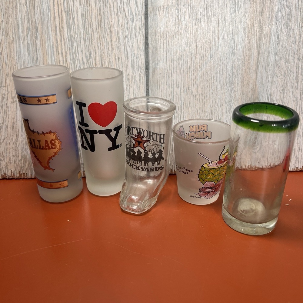 Lot Of 5 Shot Glasses All Different Sizes, NY, Texas, Bahamas, Mexico Souvenirs